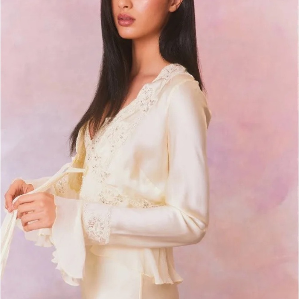 NWT LoveShackFancy Vivetta Long Bell Sleeve Blouse Silk Top Limeade Yellow M - Picture 4 of 9